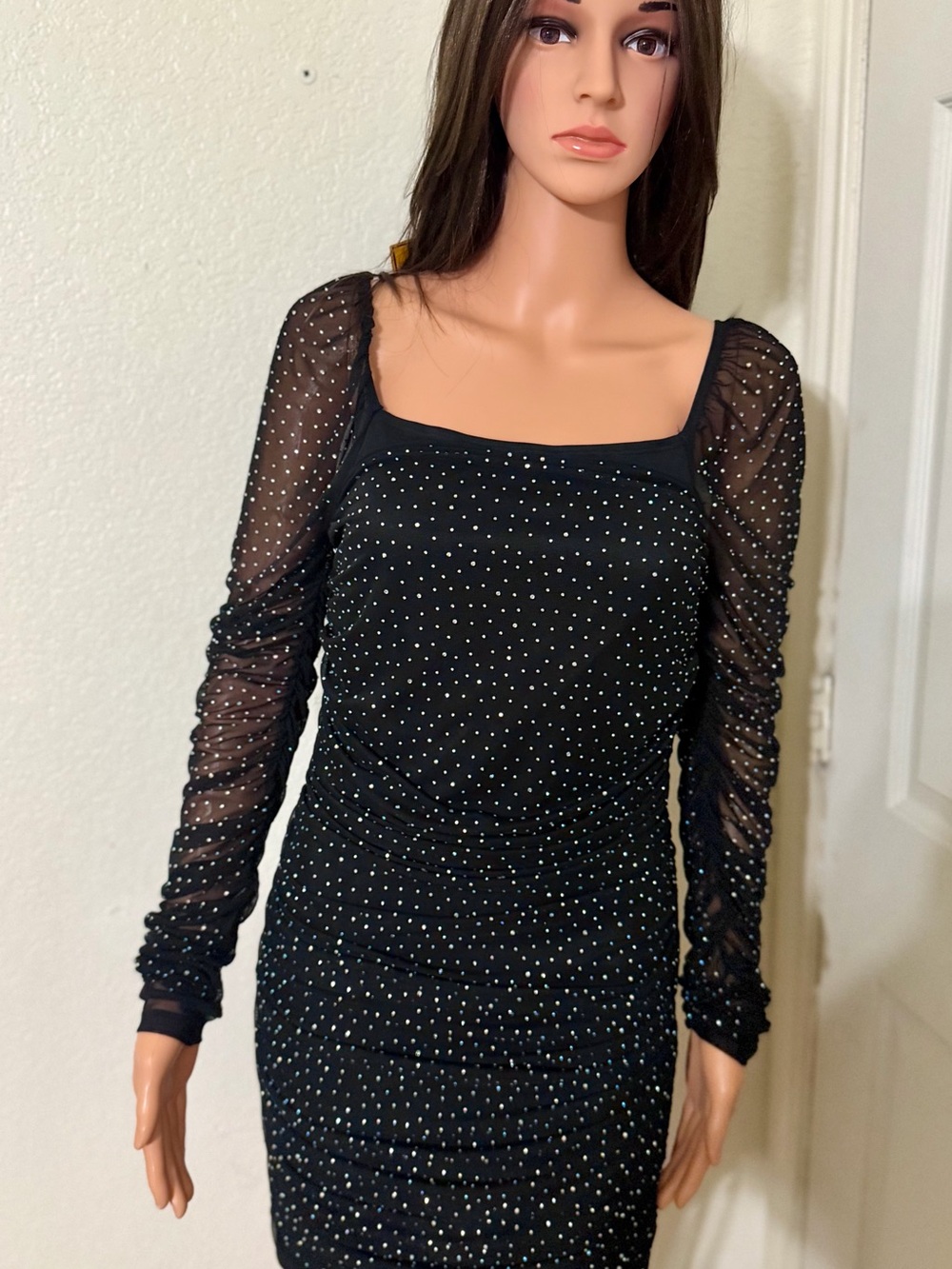 Fashion Nova Black Rhinestone Sheer-Sleeve Bodycon Dress